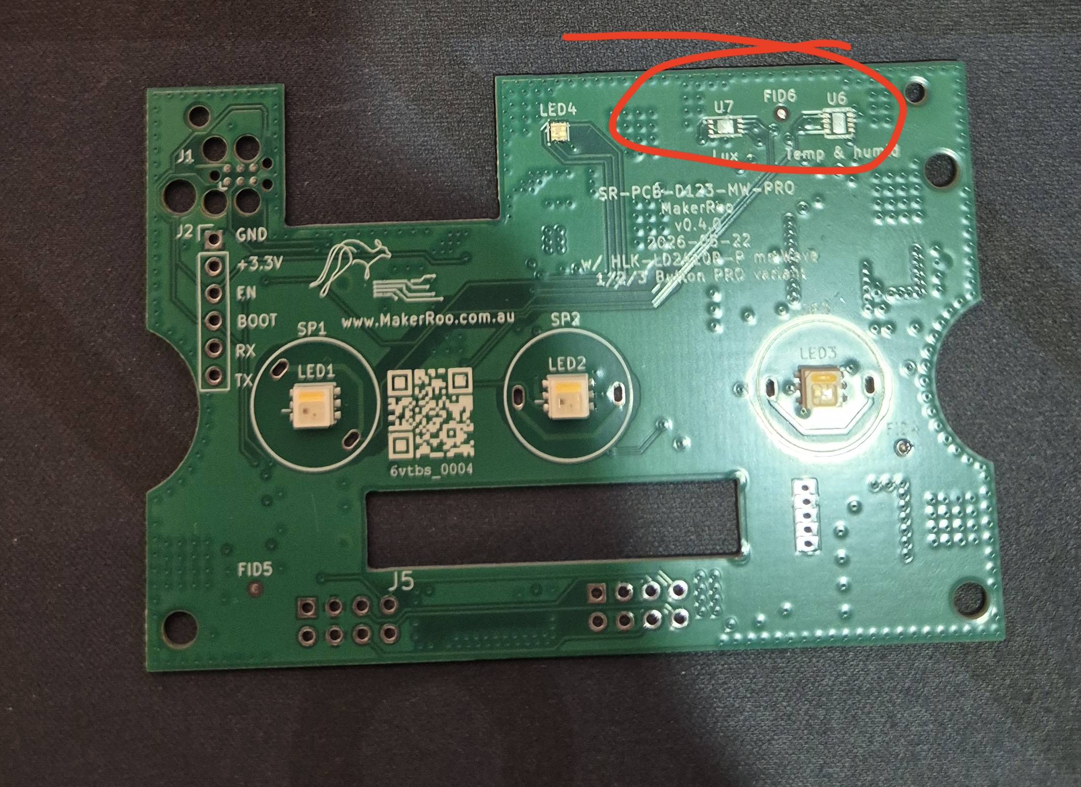 partially assembled Pro board, BH1750FVI and SHT30 positions annotated partially assembled Pro board, BH1750FVI and SHT30 positions annotated