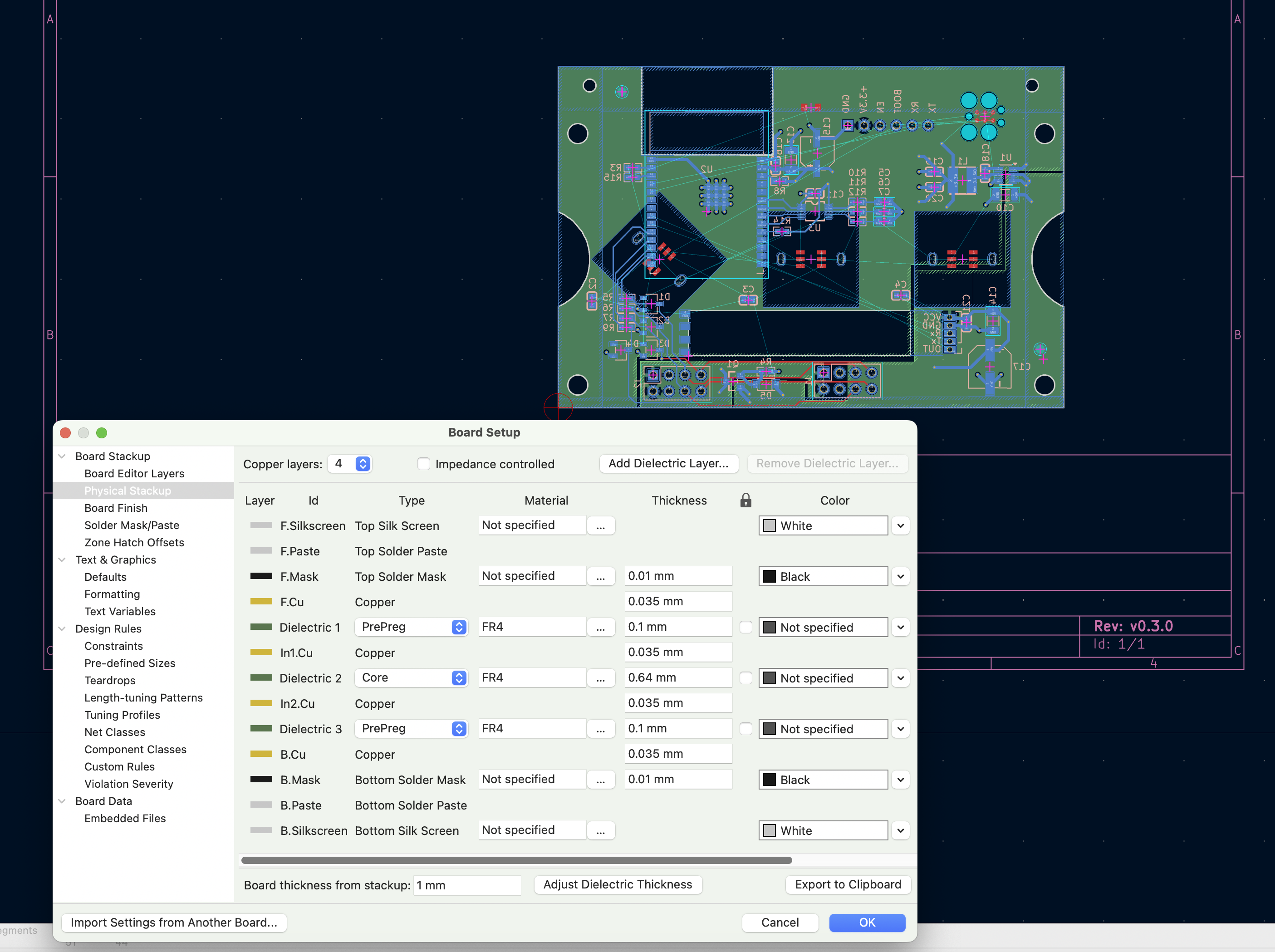 KiCad board stackup screenshot showing 4-layer configuration